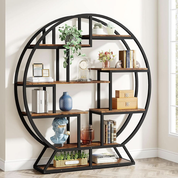 Bookshelf, round Bookshelves Etagere Bookcase, 63 Inch Industrial Wood Book Shelf with Staggered Shelves, Rustic Open Shelving Organizer Rack Display Shelf for Home Office, Living Room