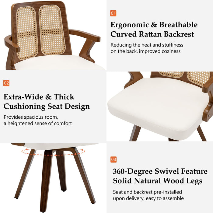 Walnut Dining Chairs - Swivel Rattan Dining Chairs with Bentwood Frame with Ergonomic Cane Back, Curved Arms, MCM Dining Chairs for Kitchen/Restaurant/Living Room/Conference (Walnut Beige, Set of 2)