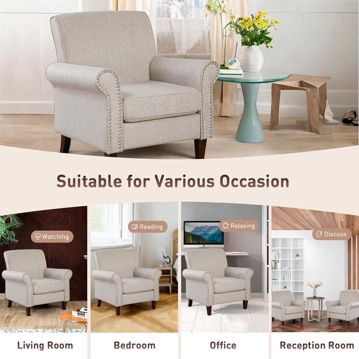 Upholstered Living Room Chair - Large Comfy Fabric Accent Chair Single Sofa with Cushion, Rolled Armrest & Nailhead Trim, Mid Century Farmhouse Armchair for Bedroom, Office, Beige