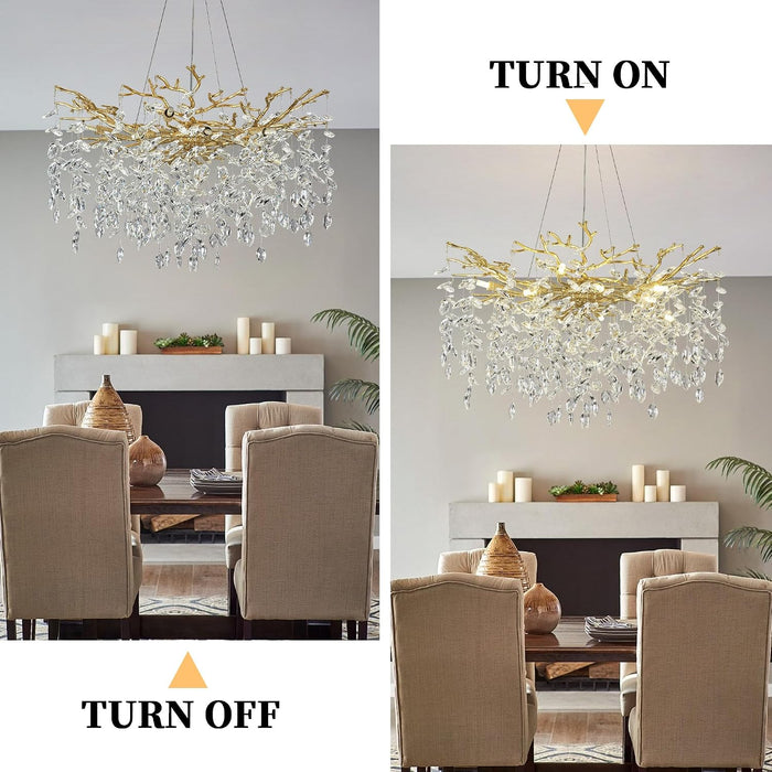 31.5" Tree Branch Chandelier 10-Light Gold Crystal Chandelier