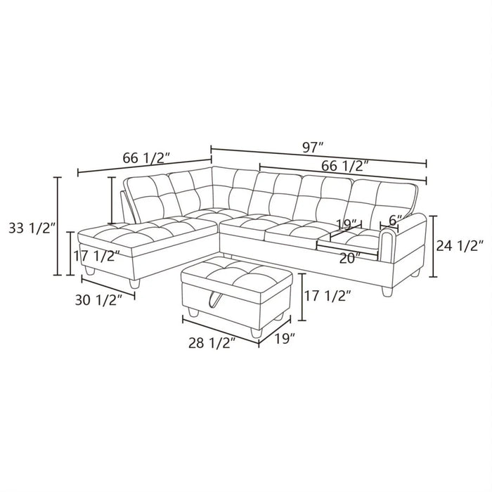 Flannel 4-Seat Couch Sofa Set, L Shaped Couch Living Room Sofa Set, Sectional Sofa for Home, Apartment, Dorm, 16'' Back Height, Black(No Ottoman)