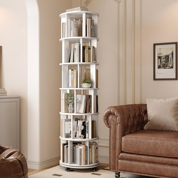Rotating Bookshelf, 6 Tier Solid Wood Bookshelf Tower with Lockable Wheels