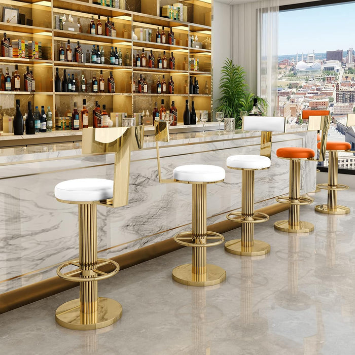 Counter Height Bar Stools with Back, Modern Adjustable Height Barstools Swivel Bar Chairs with Polished Gold Stainless Steel Legs and Comfortable Cushion for Kitchen Island Counter (White)
