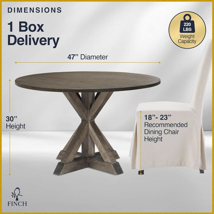 Alfred round Solid Wood Rustic Dining Table for Farmhouse Kitchen Room Decor, Wooden Trestle Pedestal Base, 46.5" Wide Circular Tabletop, Distressed Brown