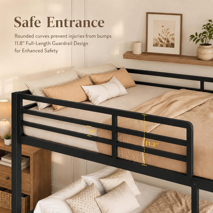 Metal Bunk Bed Full over Full with Ladder and High Guardrail, Heavy-Duty Metal Slats Support, Noise Free, No Box Spring Needed, for Kids and Juniors, Black