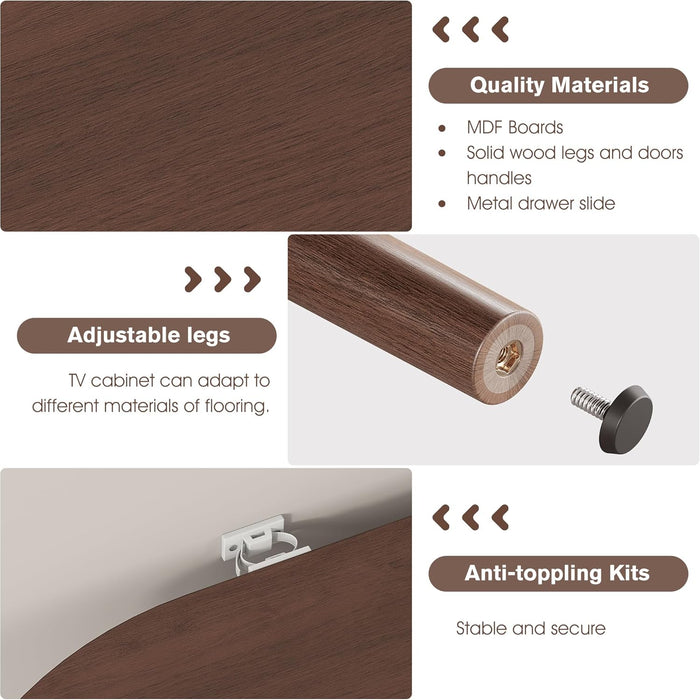 59" Mid Century Modern TV Stand with Charging Station, 32" Tall Farmhouse Curved Edge Media Console Table with Drawer and Shelf, Fluted Entertainment Center for Living Room, Bedroom Walnut