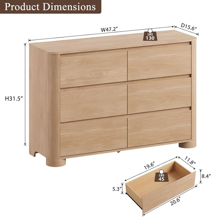 Dresser for Bedroom with 6 Drawers, 47" W Modern Chest of Drawers with Unique Thickened Foot, Rounded Corner Design, Wooden Dresser Organizer for Bedroom, Living Room, Hallway, Natural Oak