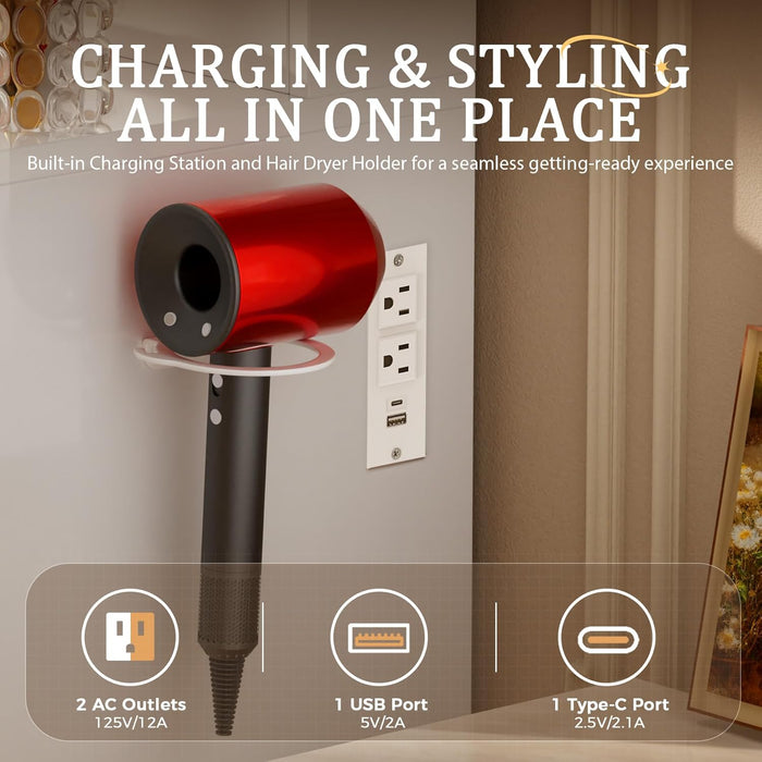 Makeup Vanity Desk with Lights & 3 Way Mirror, Large Girls Vanity Table Set with Charging Station, 3 Lighting Modes & 360° View Mirror, 9 Drawers Dresser for Bedroom, White