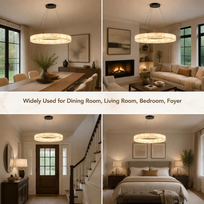 Alabaster round Chandelier, 31.5In Spanish Natural Marble Pendant Light, Dimmable 3-Color Modern Marble Chandelier for Dining Room, Living Room, Bedroom, Bathroom & Foyer