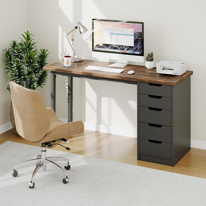 Computer Desk with 5 Drawers, 47 Inch Modern Simple Study Writing Desk with Storage, Rustic Home Office Desk, Reversible Computer Desk for Home Office, Brown+Black