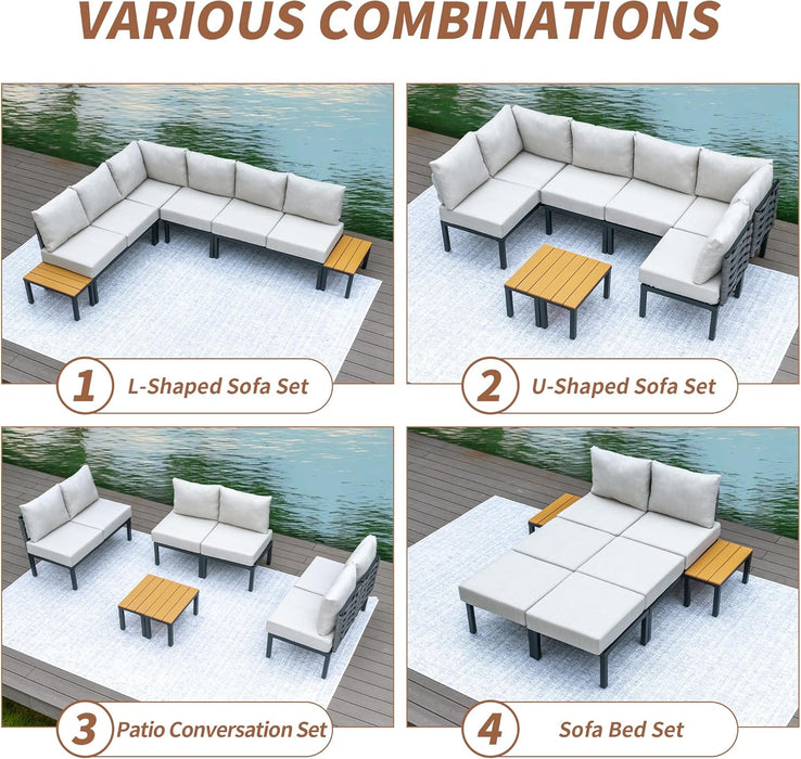 8 Pieces Patio Furniture Set Convertible Outdoor Furniture Set W/ 6" Ultra Thick Cushions and 2 Coffee Tables, All-Weather Sectional Sofa Couch, Beige