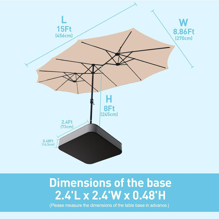 15Ft Patio Umbrella with Base Included, Double Sided Outdoor Large Rectangular Patio Umbrella with Crank Handle, for Lawn Garden, Khaki