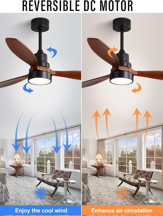 Ceiling Fan with Lights, 52 Inch Low Profile Flush Mount Mordern Wood Ceiling Fan with Remote for Indoor Farmhouse Bedroom Living Room Outdoor Patio Porch, Reversible DC Motor, Noiseless