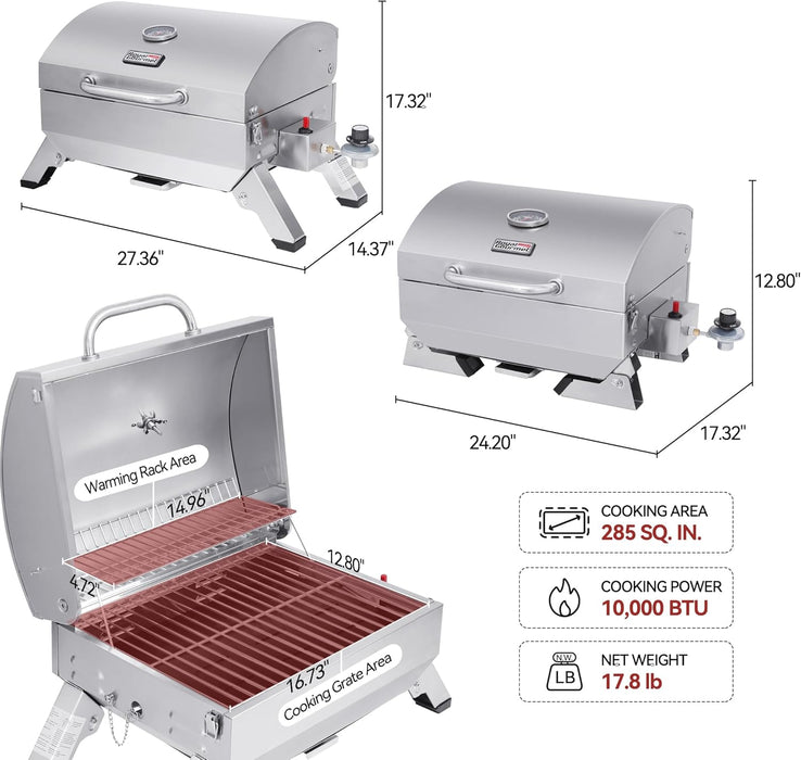 GT1001 Stainless Steel Portable Grill, 10000 BTU BBQ Tabletop Gas Grill with Folding Legs and Lockable Lid, Outdoor Camping, Deck and Tailgating, Silver