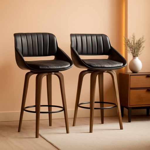 Bar Stools Set of 2, 26" Bentwood Counter Height Barstools, Black | Swivel, Mid Century Modern, Bentwood Back and Footrest, Padded Seat, Upholstered Faux Leather Bar Chair, for Kitchen Island
