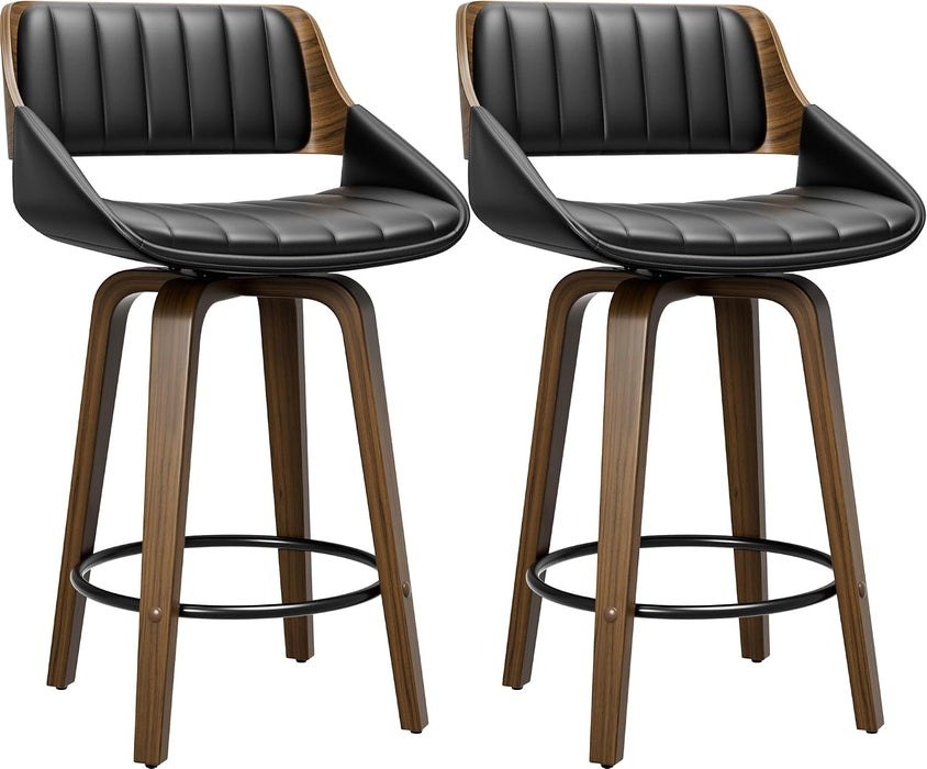Bar Stools Set of 2, 26" Bentwood Counter Height Barstools, Black | Swivel, Mid Century Modern, Bentwood Back and Footrest, Padded Seat, Upholstered Faux Leather Bar Chair, for Kitchen Island