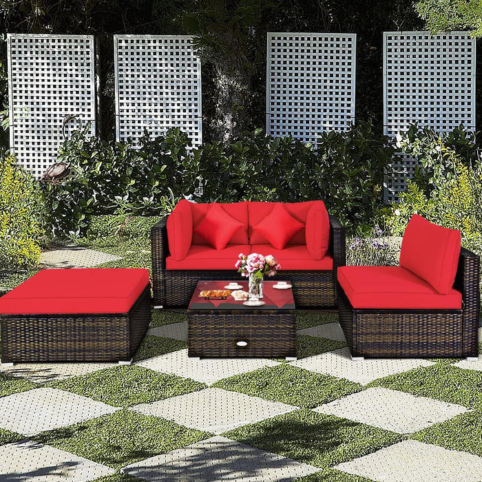 5-Piece Patio Conversation Set - Outdoor PE Rattan Furniture Set W/Glass Coffee Table, Back & Seat Cushions, Soft Pillows, Sectional Sofa Set for Porch, Backyard (Red)
