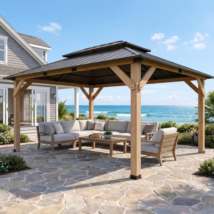 12' X 16' Wooden Gazebo,Patio Hardtop Gazebo Wood,Diy Color Permanent Pavilion with Galvanized Steel Double Metal Roof for Backyard, Deck(Windproof, Snow-Load Bearing, Waterproof, Rustproof)