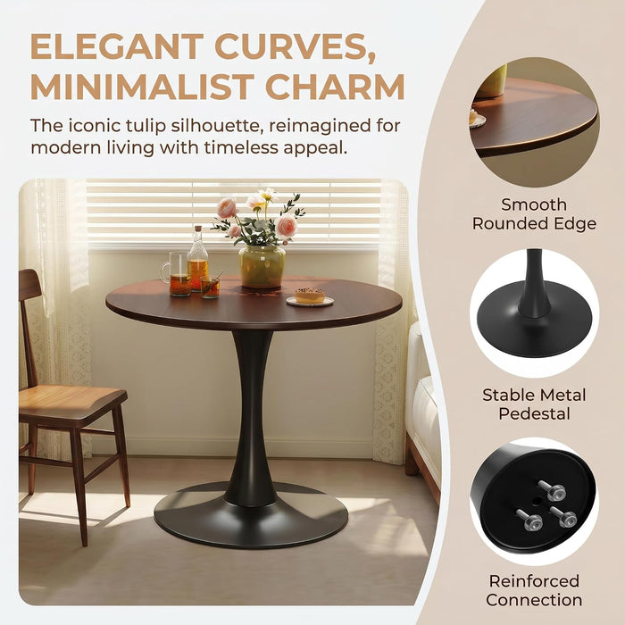 Small round Dining Table 32" Tulip Table for Living Room, Walnut | Tulip Table with Metal Pedestal & Thick MDF Top, Mid Century Small Bistro Table for Kitchen & Living Room
