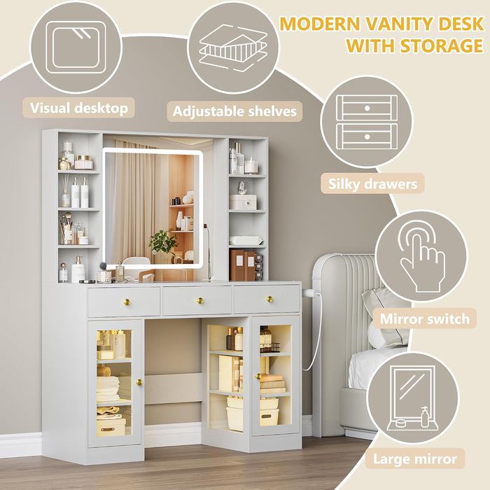 White Cosmetic Vanity Desk With Illuminated Mirror