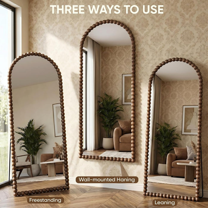 71" X 28" Arched Full Length Mirror, Antique Beaded Frame Floor Standing or Wall Mounted Mirror with Stand for Bedroom, Entryway, Brown, Luxury Style