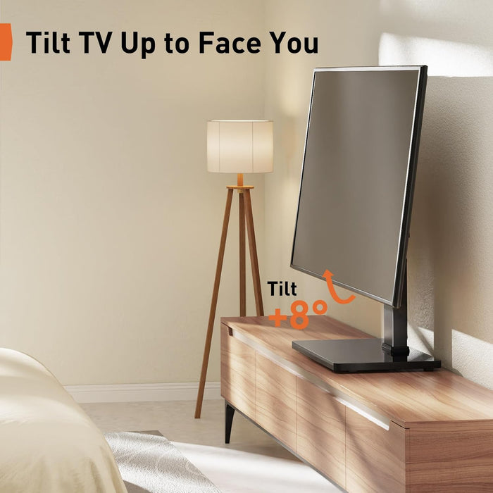 Universal Swivel TV Stand with Power Outlet, Tabletop TV Stand for 32–60,65 Inch Tvs up to 88 Lbs, Tempered Glass TV Mount Stand Base with Height Adjustment, Tilt, Max VESA 400X400Mm,Pgtvs27