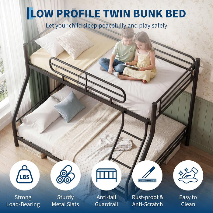 Twin over Full Bunk Bed Frame, Heavy Duty Metal Bunk Beds for Kids/Teens/Adults, 450 Lbs Upper & 500 Lbs Lower Capacity, Slot-Type Assembly, Reversible Ladder, 11.7" Safety Guardrails，Black