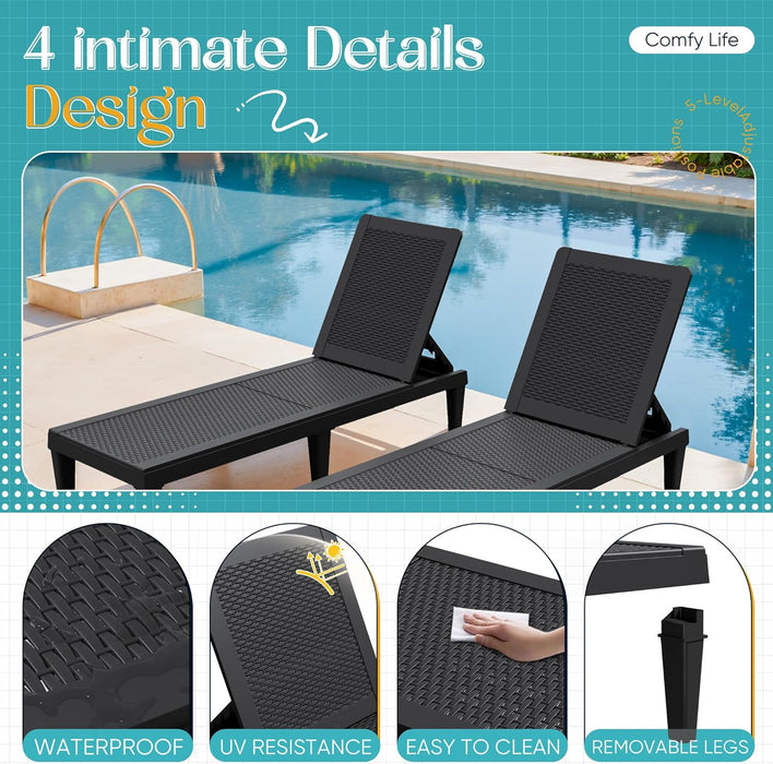 Outdoor Chaise Lounge Chairs Set of 2 with 5-Position Adjustable Backrest, Waterproof PP Sun Loungers for Garden Pool Beach Patio Deck Sunbathing, Black