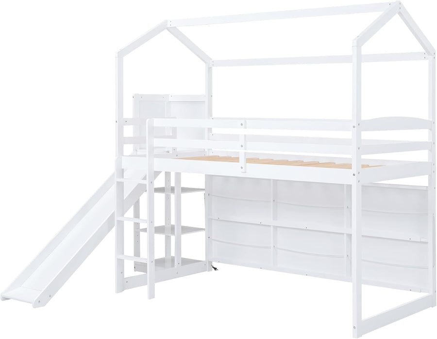 White Twin Loft Bed WithOverheadStorageCompartments