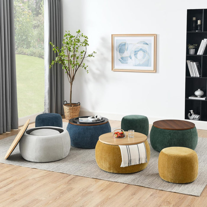 Round Storage Ottoman Set of 2 with Removable Tray 25 Inch Large Upholstered Footstool, Perfect as a Bedside Bench for Living Room or Bedroom (Naturai)