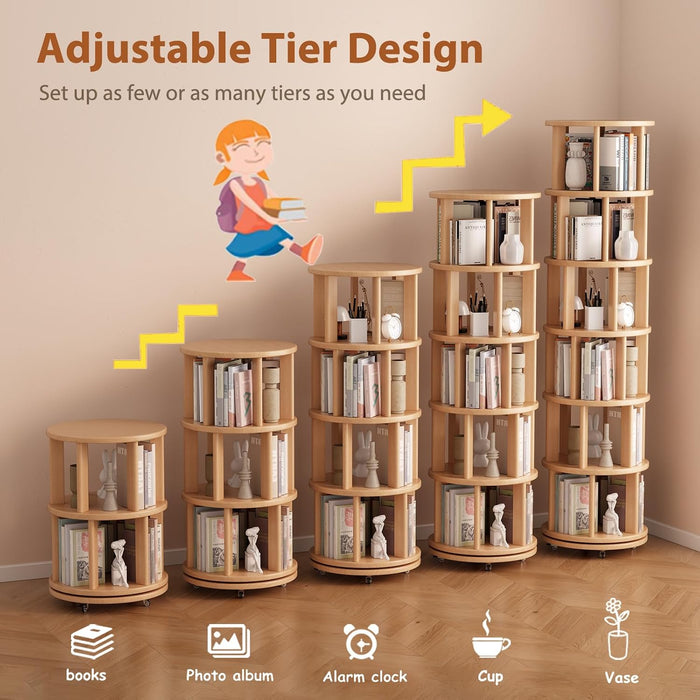 6 Tier Solid Wood Rotating Bookshelf Tower on Wheels, Natural