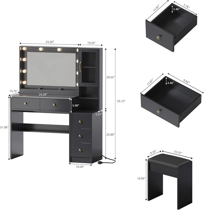 Makeup Vanity with Lights & Charging Station, Black Vanity Table with 5 Drawers & Open Storage Shelves, Vanity Desk with Mirror & Lights, Dressing Table Set, Bedroom Makeup Table Set Black Handle
