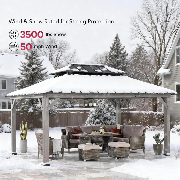 12 X 16 Ft. Wood Gazebo, Outdoor Patio Cedar Framed Steel Hardtop Gazebo with 2-Tier Metal Roof, Suitable for Patios, Lawn and Backyard, Matte Black Roof + Gray Wood Frame