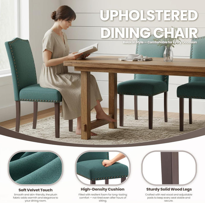 Dining Chairs Set of 4, Soft Comfortable Upholstered Parsons Dining Chairs with High-Density Cushion & Solid Wood Legs, Elegant Nailhead Trim for Dining Room, Kitchen, Living Room – Green