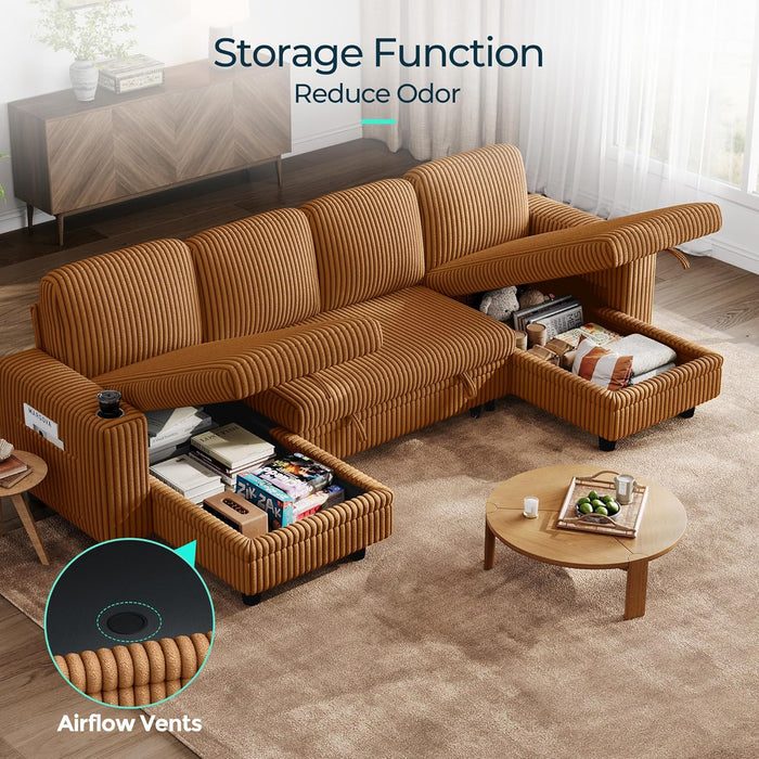 Brown UShaped Convertible Sectional Sofa Bed USBPort