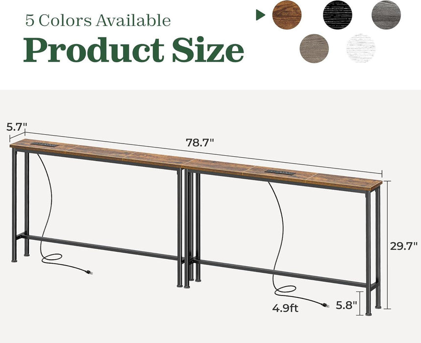 78.8 Inch Narrow Console Table with Outlet, Sofa Tables, behind Couch Table, Long Entryway Tables with Charging Station, for Living Room, Rustic Brown