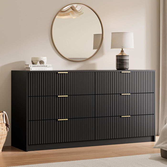 55" Wide Fluted 6-Drawer Double Dresser for Bedroom, Black