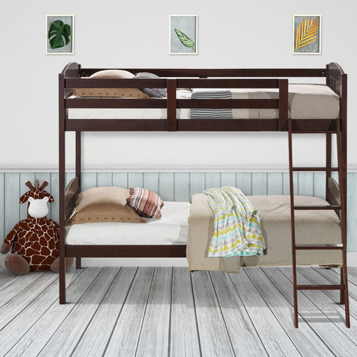 Hardwood Twin Bunk Beds with Inclined Ladder and Safety Guardrails