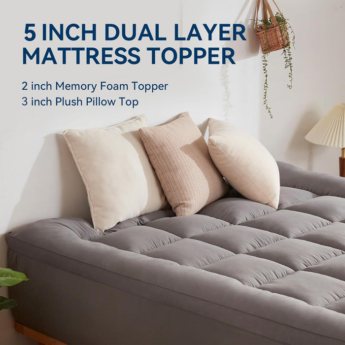 Dual Layer 5 Inch Memory Foam Mattress Topper King Size, 2 Inch Gel Memory Foam plus 3 Inch 1450 GSM down Alternative Quilted Pillow Top Mattress Pad Cover,Dark Gray
