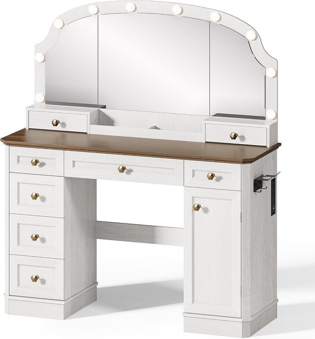 Amberhaus Farmhouse Vanity Desk With Mirror Lights