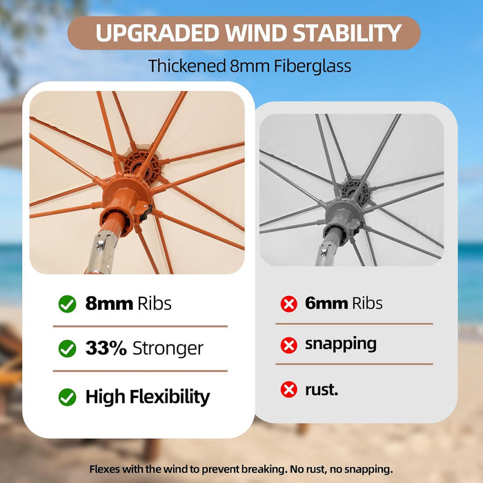 7.3Ft Cream/White Boho Fringe Beach Umbrella, 8Mm Ribs, Sand Anchor