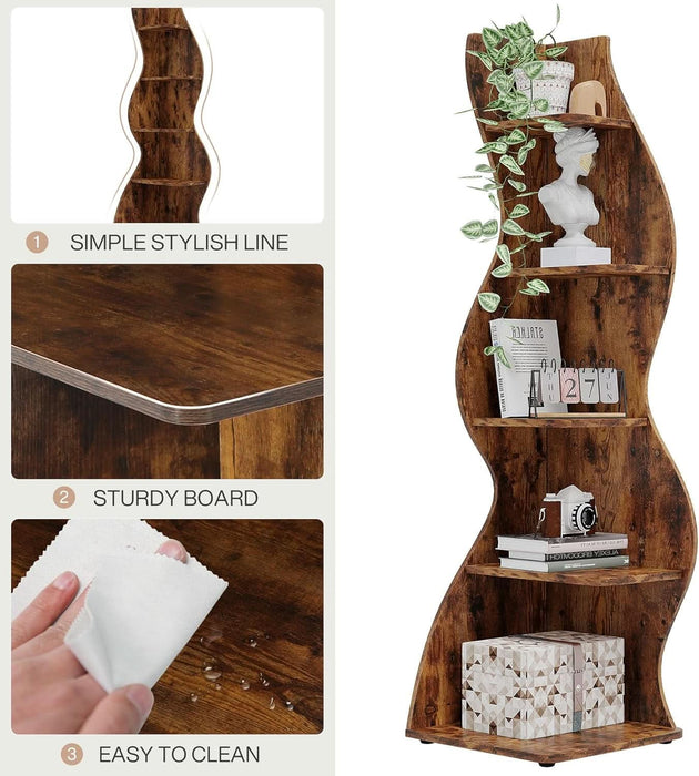 Corner Shelf, Rustic 5-Tier Wall Corner Bookshelf, Stylish Corner Small Bookcase Storage Rack Plant Stand with Unique Shape for Living Room, Home Office (1PC, Brown)