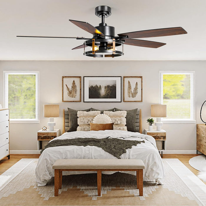 52 Inch Ceiling Fan with Light and Remote Control, Farmhouse Ceiling Fans with LED Lighting for Indoor and Outdoor, Black Caged Ceiling Fan for Bedroom Living Room and Garage