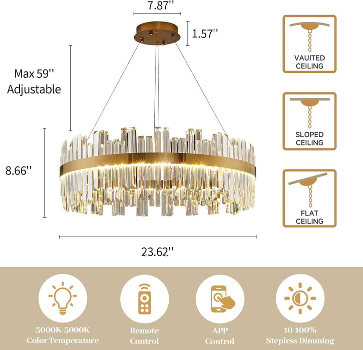 Gold Modern Crystal Led Chandelier,Round Drum Chandelier over Table | 23.6" Dimmable Led Golden Luxury Chandelier,K9 Crystals Height Adjustable Chandelier for Dining Room Living Room Bedroom