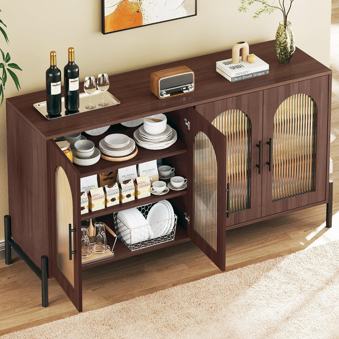 Sideboard Buffet Cabinet with Storage, 55" Modern Sideboard Cabinet with 4 Fluted Arcylic Doors & Adjustable Shelves, Wood Buffet Console Table for Living Room, Kitchen, Dark Walnut