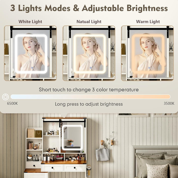 Brown Farmhouse Vanity Desk With Illuminated Mirror