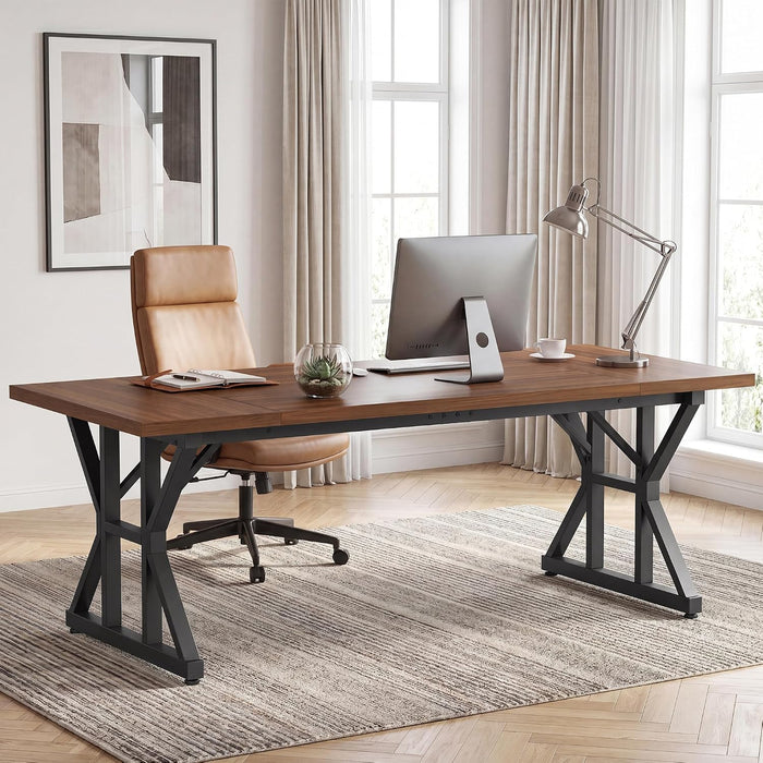 71 Inch Executive Desk, Large Computer Office Desk Workstation with Thick Desktop & Heavy Duty Metal Legs, Modern Industrial Writing Study Table for Home Office (Deep Brown/Black)