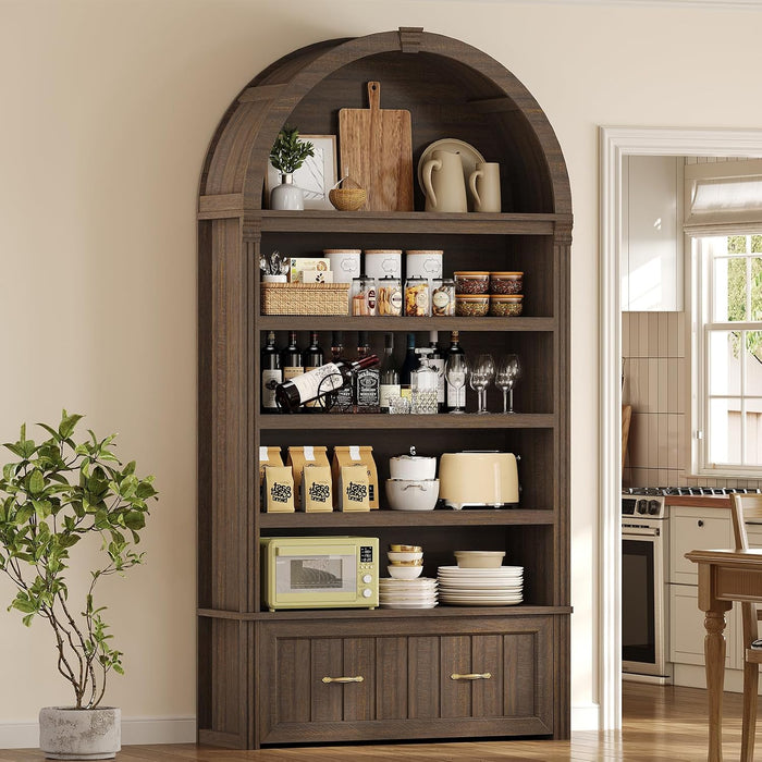 83"X39" Tall Arched Cabinets,Bookcase with Storage,5-Tier Bookshelf | Walnut Large Bookcase, Wood Mid-Century Modern, Widened Adjustable Shelves Offering More Storage for Living Room, Home Office