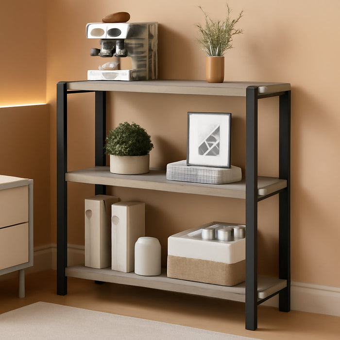 3 Tier Bookshelf, Industrial Wood and Metal Book Shelf and Bookcase, Short Book Case for Office Living Room Bedroom, Light Grey