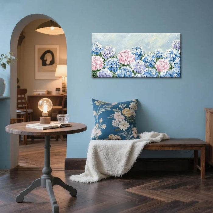 Blue Pink Hydrangea Canvas Wall Art - Large Giclee Floral Canvas Prints, Abstract Flower Wall Decor, Farmhouse Coastal Botanical Wall Art for Living Room Bedroom Bathroom Kitchen Office, Ready to Hang (Hydrangea, 20X40Inch)